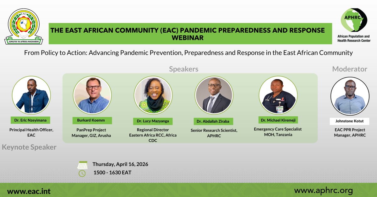 aphrc's tweet image. Join us on Thursday, April 16, from 15:00 to 16:30 EAT for the East African Community (EAC) Pandemic Preparedness and Response Webinar: From Policy to Action - Advancing Health Security in the EAC Region.

#IamAPHRC is co-hosting this webinar with our partners at the East African
