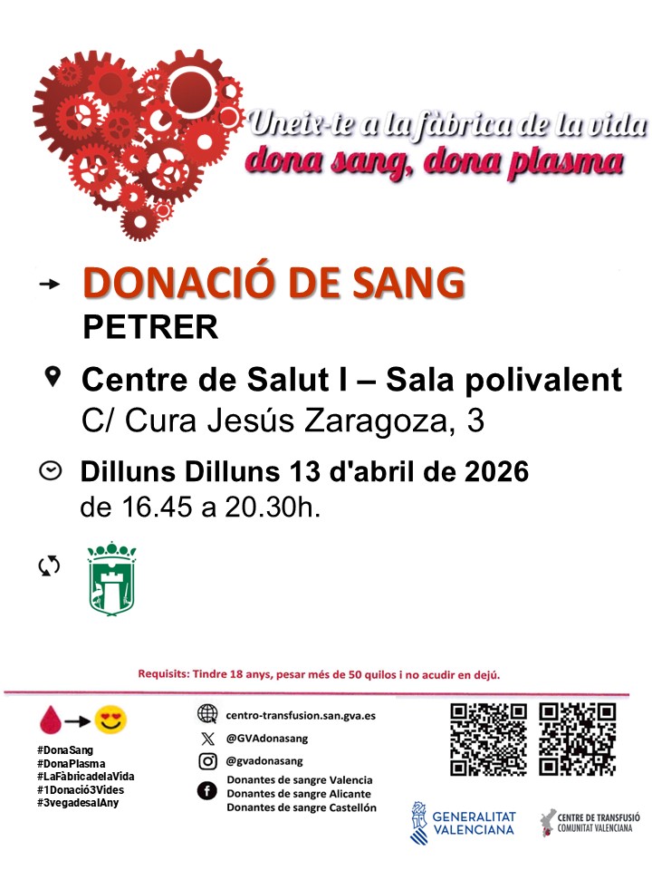 GVAdonasang's tweet image. Dona sang en #Petrer
📆Dilluns #13abril 

⚠️Les donacions regulars de sang són imprescindibles per a garantir la disponibilitat de sang als hospitals de la Comunitat Valenciana.

#DonaSang #ComparteixVida ♥️