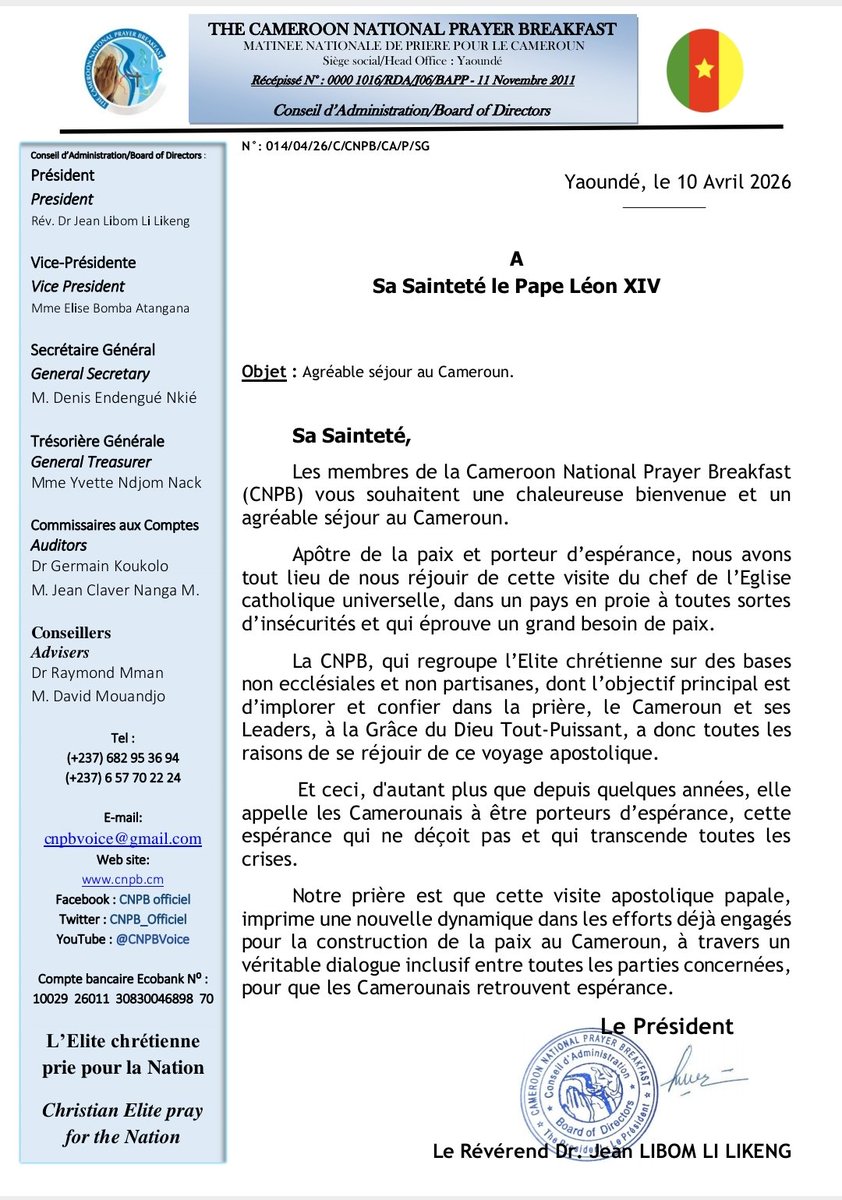 CNPB_Officiel's tweet photo. Message du PCA-CNPB à sa Sainteté le Pape Léon XIV https://t.co/v5Fxz9UIxy