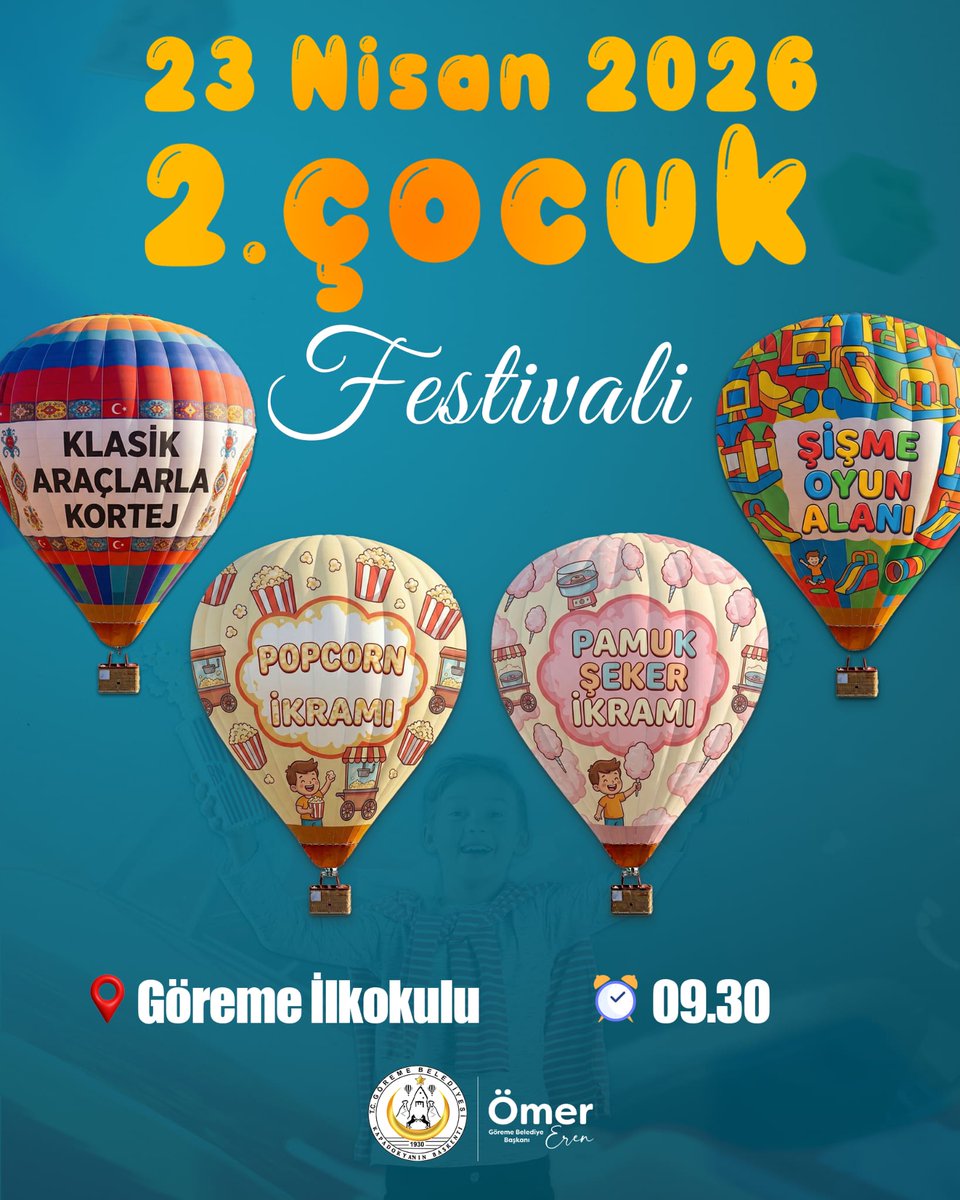 🎈 Bayramın en neşeli hali Göreme’de sizi bekliyor!

23 Nisan Ulusal Egemenlik ve Çocuk Bayramı’nı, 2. Çocuk Festivali ile birlikte dopdolu bir programla kutluyoruz. Renkli etkinlikler ve sürprizlerle unutulmaz bir gün sizleri bekliyor! 🌟

🚗 Klasik araba korteji
🎭 Göreme