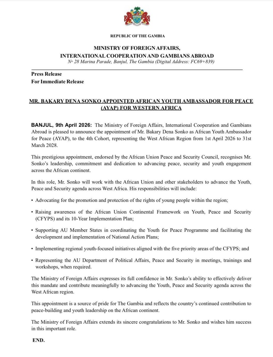 PaBakary's tweet image. Alhamdulillah! 

Honored to be appointed by the @_AfricanUnion as the African Union Youth Ambassador for Peace (AYAP) for West Africa 🌍

From grassroots action to continental responsibility—committed to advancing the #YPSAgenda and amplifying youth leadership.

#AYAP #YPS