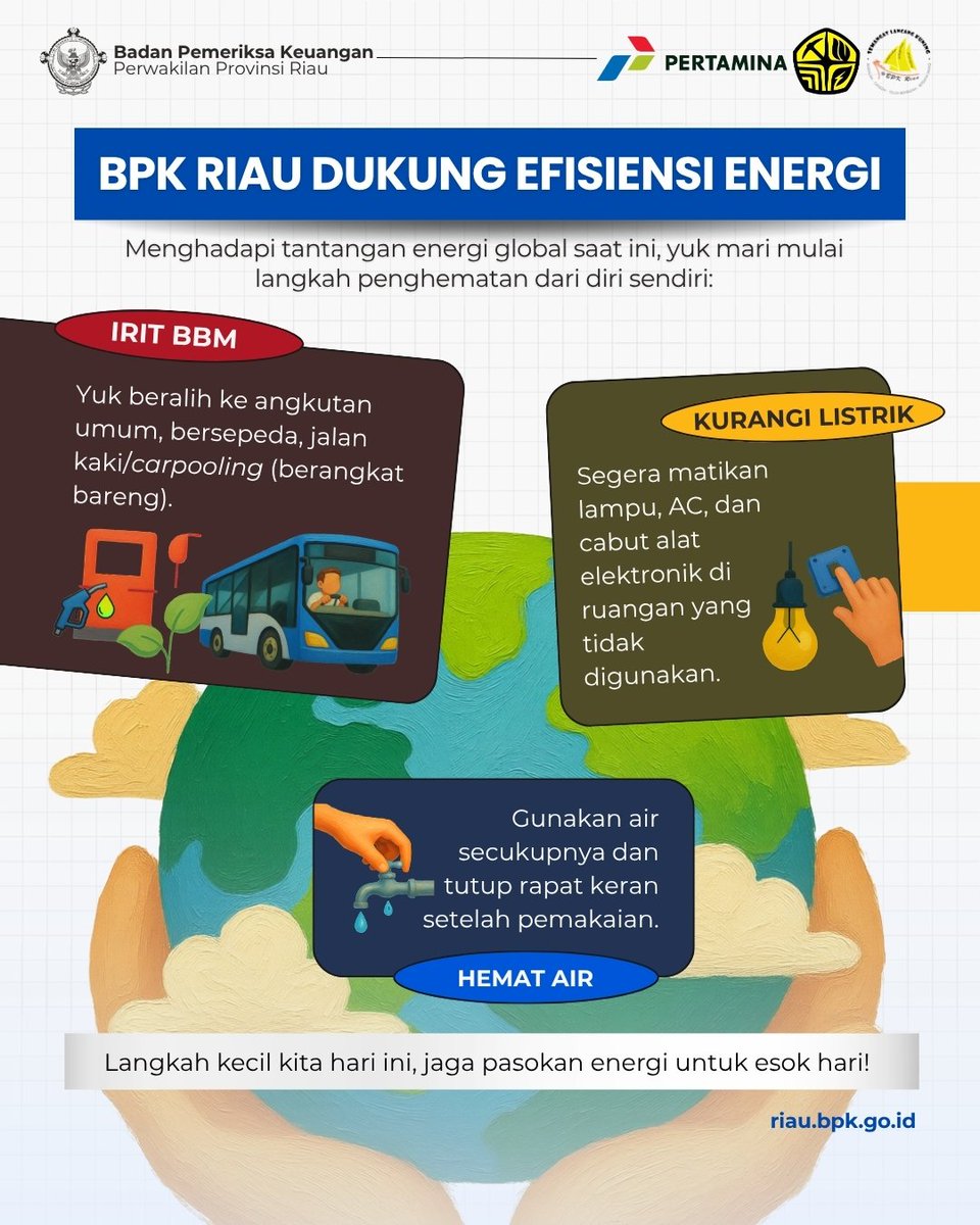 Halo BPKawan... 

Memulai dari rumah sendiri. BPK Riau wujudkan dukungan pada efisiensi energi melalui optimalisasi penggunaan daya di lingkungan kerja. 

Yuk, mari mulai langkah penghematan dari diri sendiri karena langkah kecil kita hari ini, jaga pasokan energi tuk esok hari.
