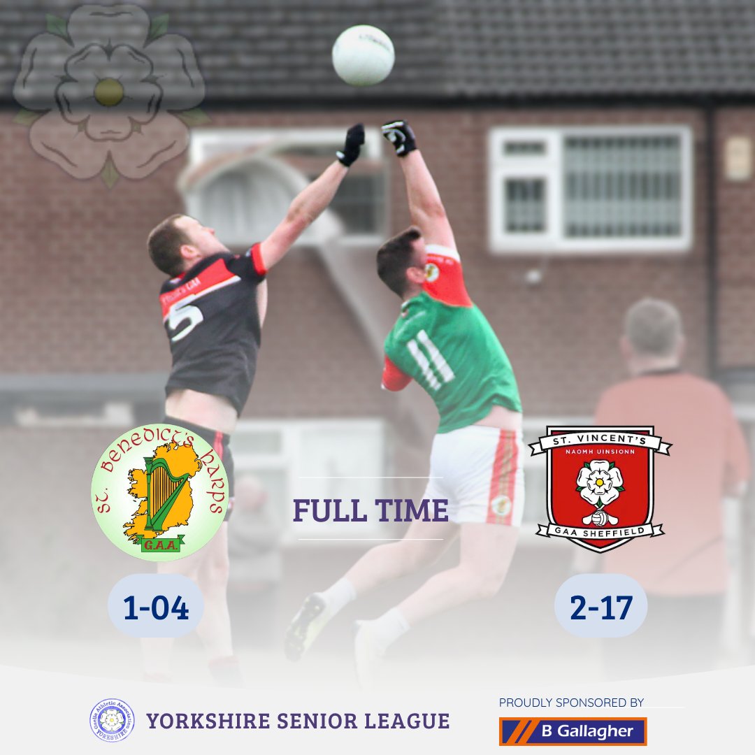 YorkshireGAA's tweet image. @sheffieldgaa returned to winning ways in the Senior League with a victory over @BenedictsHarps away from home.

🟢🔴 St Benedict's 1-04
🔴⚫ St Vincent's 2-17

The Yorkshire Senior League is proudly sponsored by B Gallagher Construction Ltd.

#GAA #GaelicFootball #Yorkshire