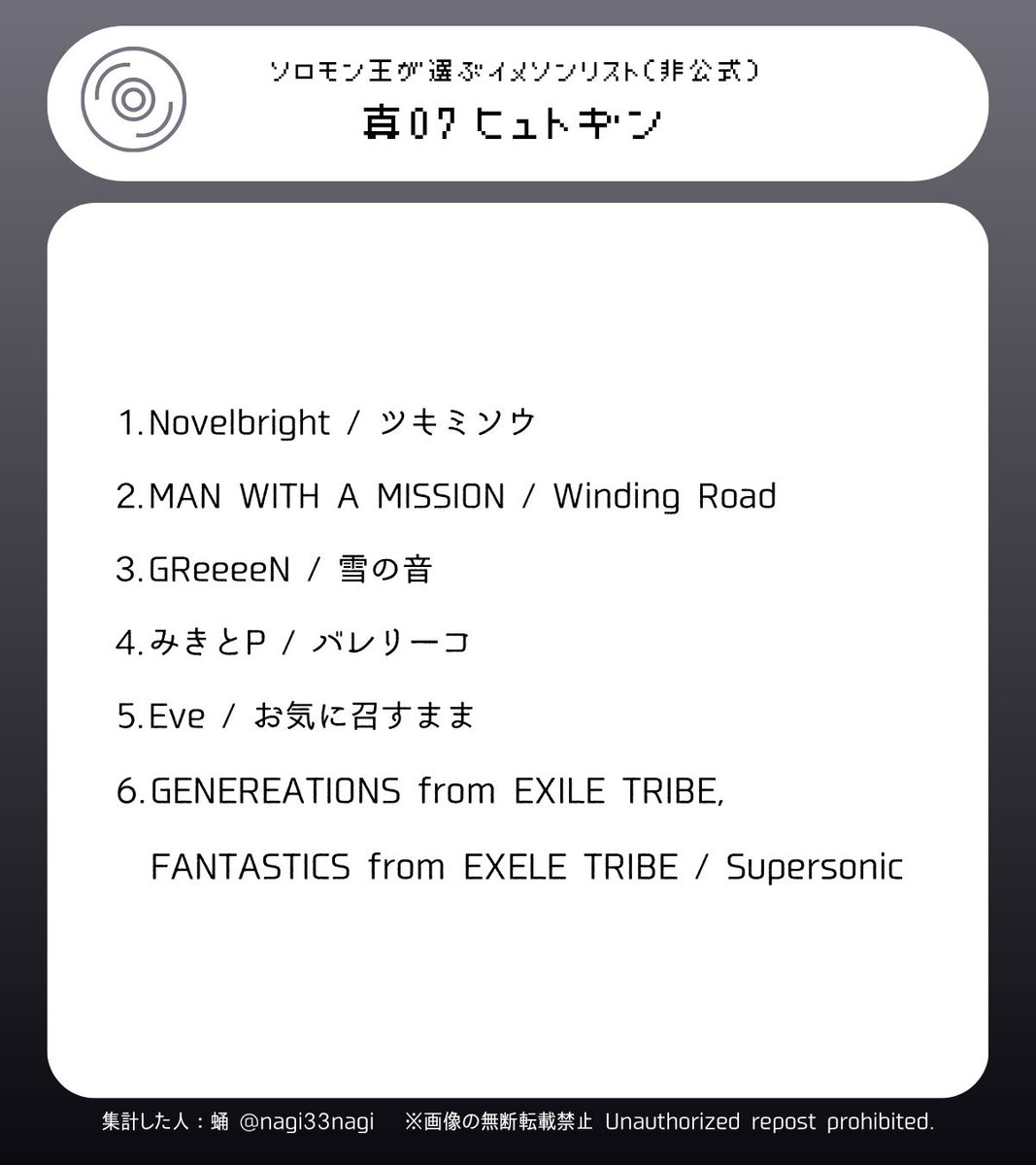 nagi33nagi's tweet photo. 【メギドの日まであと66日】ソロモン王が選ぶイメソンリスト（非公式） 本日は祖・真・継07番の発表です♪ 懐かしいボカロ曲も入っていて世代としては嬉しい♪ https://t.co/epw9ZdZsEU