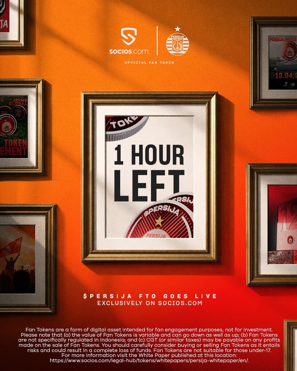 60 minutes until $PERSIJA goes live on Socios.com.

Only 50,000 Fan Tokens available.

Jakmania — 𝐭𝐡𝐢𝐬 𝐢𝐬 𝐲𝐨𝐮𝐫 𝐦𝐨𝐦𝐞𝐧𝐭.