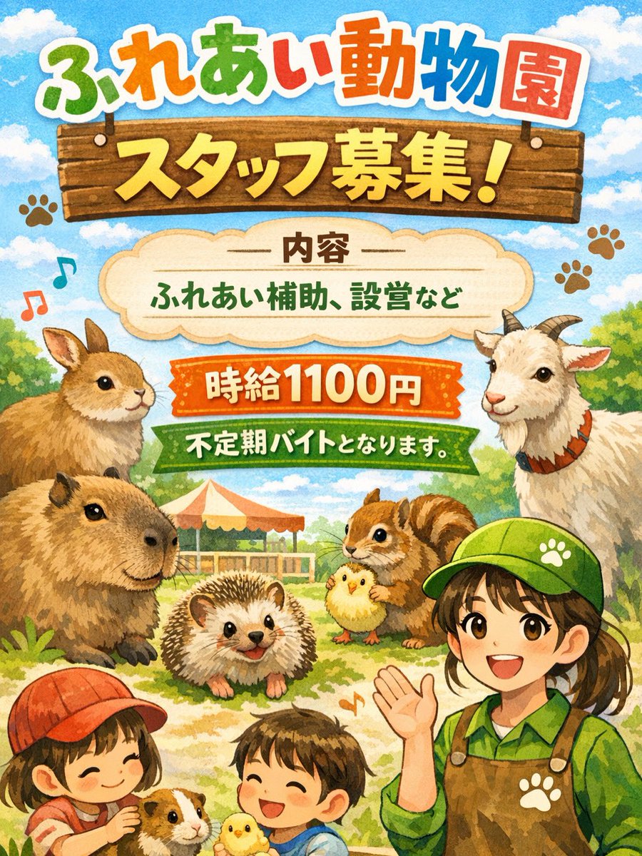 ふれあい動物園スタッフ募集しています🐾

動物好きな方、子どもと関わるのが好きな方大歓迎✨
イベント会場でのふれあい補助や設営などのお仕事です！

・時給1100円
・不定期バイト（イベント時のみ）

楽しく働きながら、動物と触れ合えるお仕事です😊
気になる方はお気軽にご連絡ください！