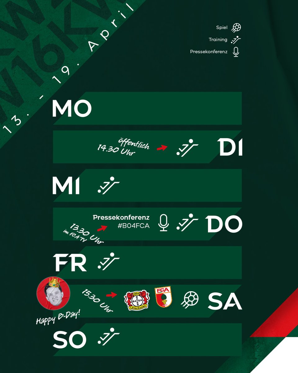 FCAugsburg's tweet image. So sieht die neue #FCA-Woche aus! ❤️💚🤍

👉 Hier geht’s zu den Auswärtstickets: fca.de/Tickets_X
