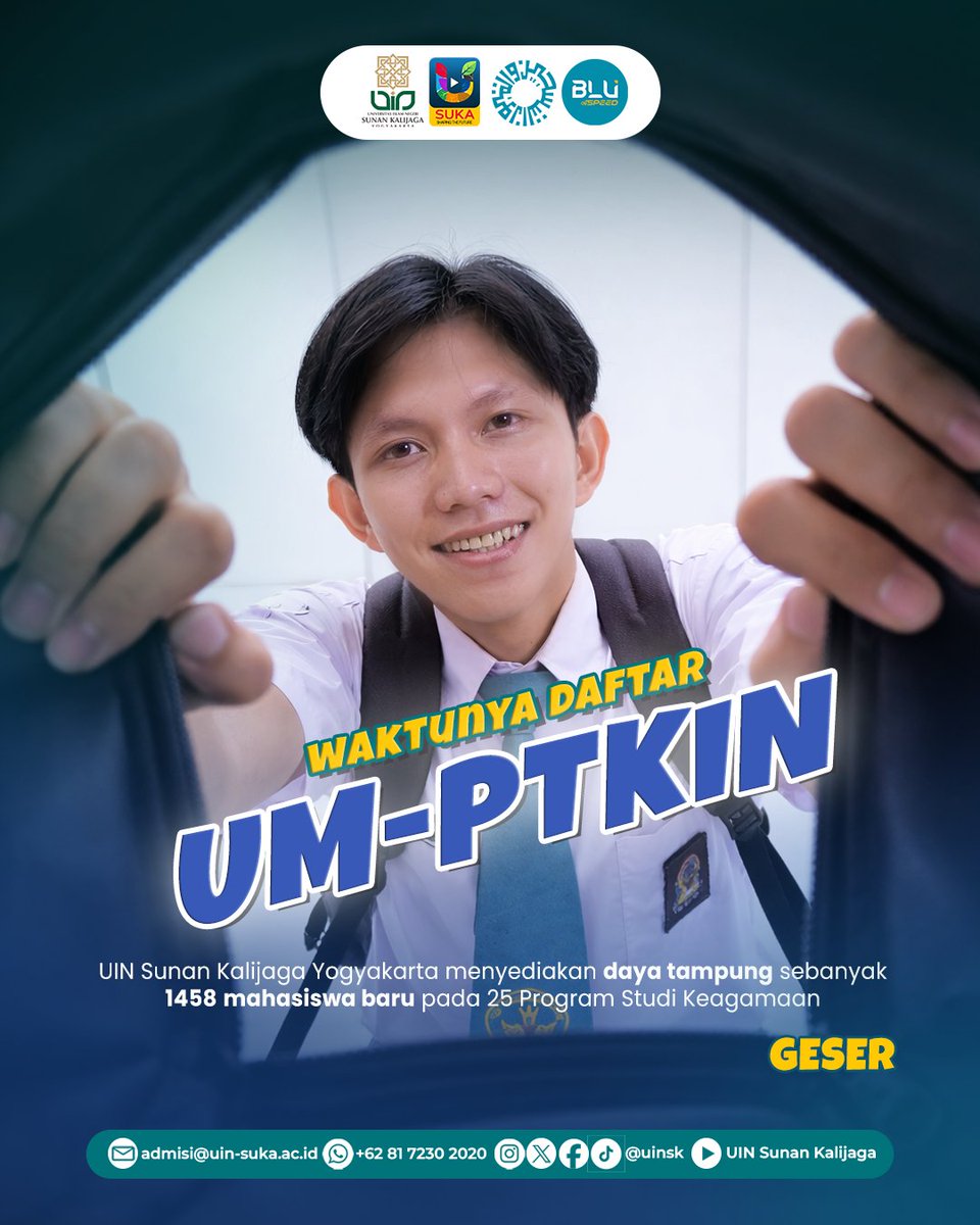 UINSK's tweet photo. Waktunya daftar UM-PTKIN, nih!

Ada 25 prodi keagamaan yang bisa kamu pilih lewat jalur ini...Kesempatan diterima lebih banyak, karena kuotanya pun gede sebesar 1.458 kursi 🤩

So, tunggu apalagi...lanjut meluncur ke https://t.co/WOVOG3Hh0E https://t.co/JbLFfynSOX