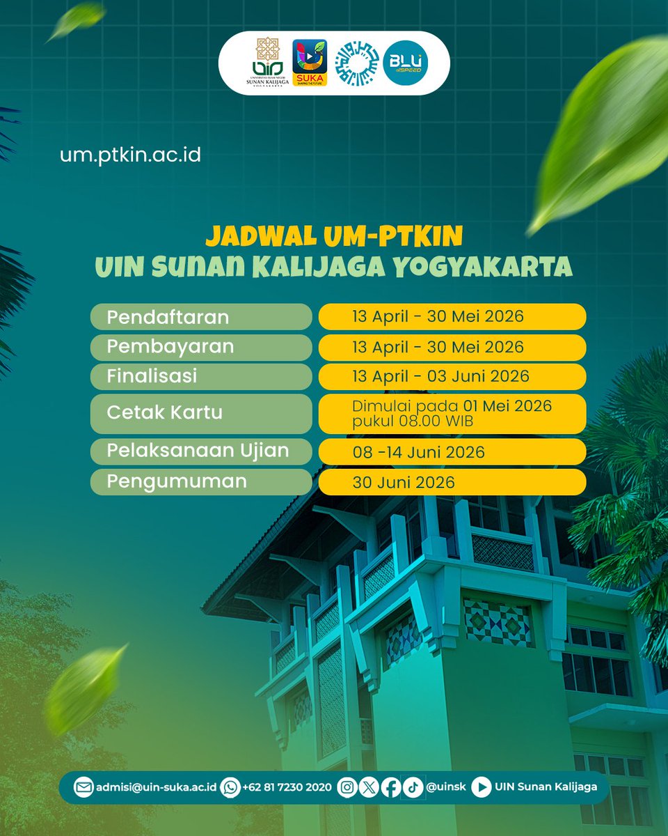 UINSK's tweet photo. Waktunya daftar UM-PTKIN, nih!

Ada 25 prodi keagamaan yang bisa kamu pilih lewat jalur ini...Kesempatan diterima lebih banyak, karena kuotanya pun gede sebesar 1.458 kursi 🤩

So, tunggu apalagi...lanjut meluncur ke https://t.co/WOVOG3Hh0E https://t.co/JbLFfynSOX