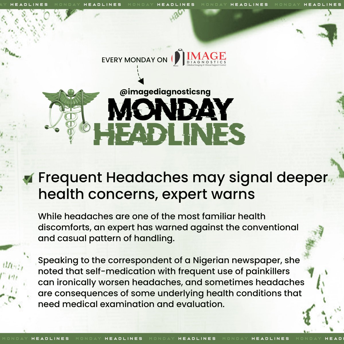imagediagng's tweet image. 🚨 ALL HEADACHES ARE NOT COMMON - YOU NEED MEDICAL EXAMINATION

An expert has warned against the casual handling of headaches where the body may be sending signals of other underlying health conditions!

#healthcare
#headache
#fyp
#ImageDiagnosticsng