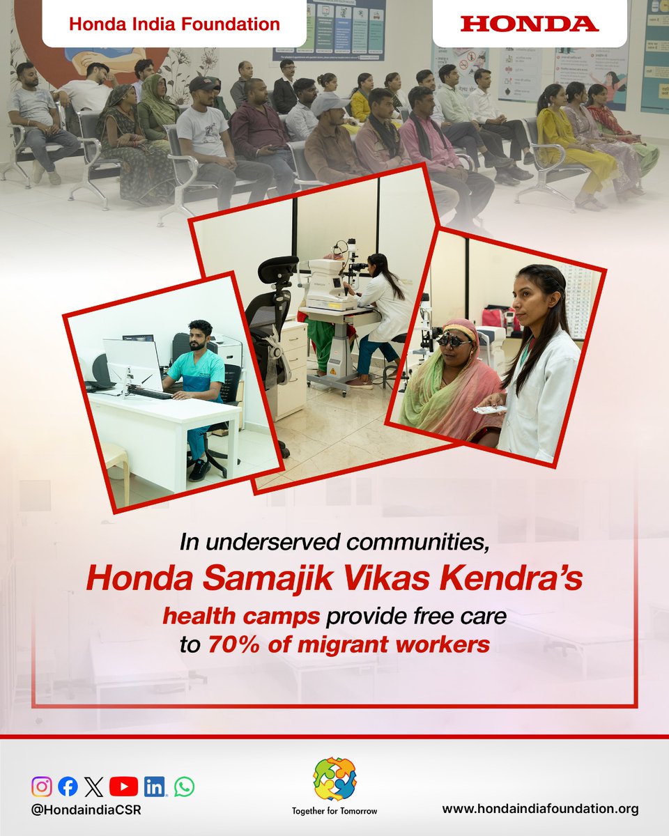 Access to healthcare remains a challenge for many migrant workers in underserved communities.
Through Honda Samajik Vikas Kendra, Honda India Foundation is addressing this gap by organising health camps that provide free medical care, reaching 70% migrant workers who often lack
