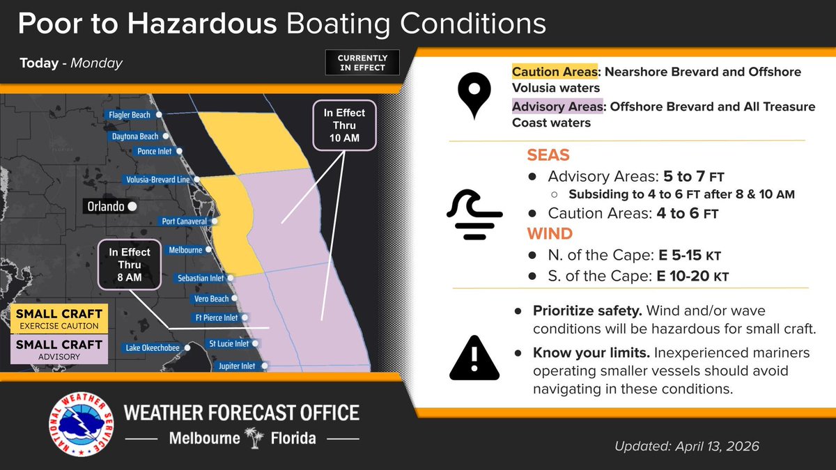 NWSMelbourne's tweet image. Apr 13 | High pressure at the surface and ridging aloft keeps us dry and continues gradual warming through the week. Temps inland will be near record in the U80s-L90s towards the weekend. For today, highs in the U70s-M80s, and a high risk of rip currents continues at the beaches.