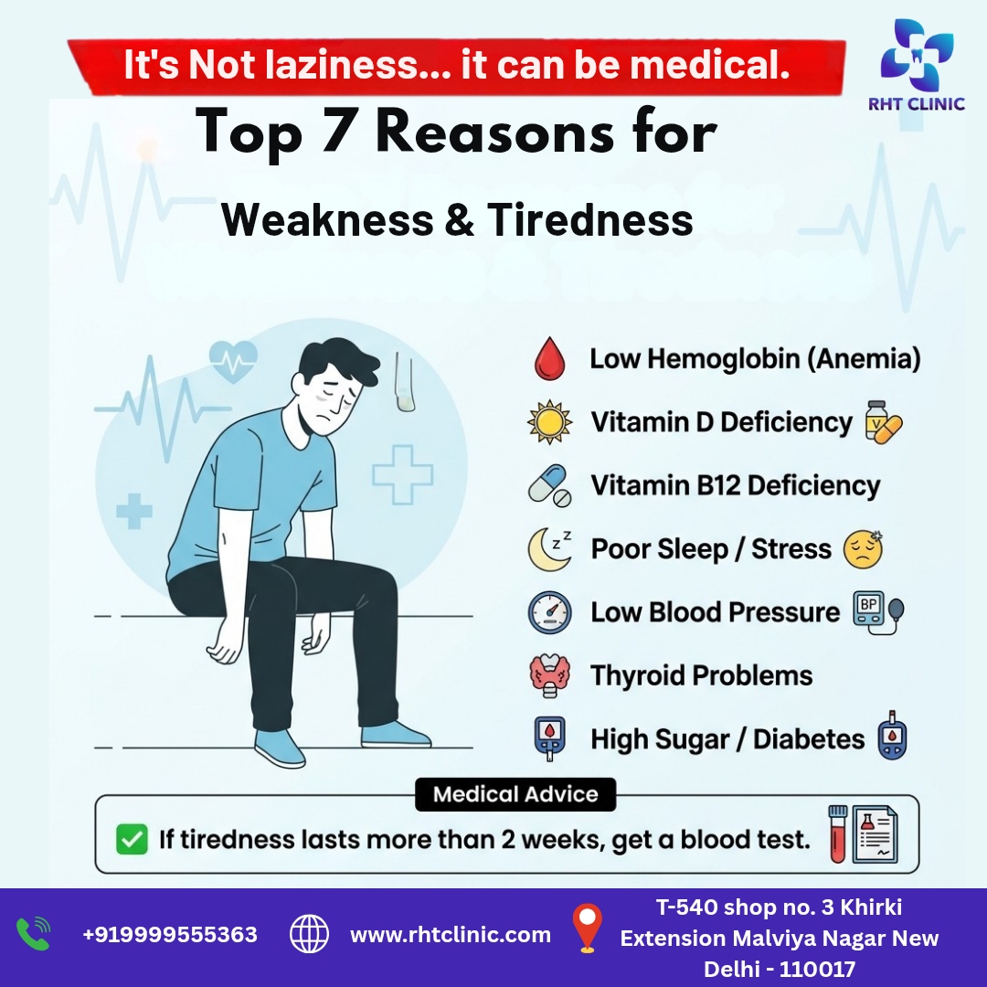 RHTClinic's tweet image. Feeling tired all the time? 😴
It’s not always laziness… it can be a medical issue. ⚠️

✅ Top reasons for weakness &amp;amp; tiredness

📍Visit RHT Clinic, Malviya Nagar, Delhi
📞 Book Appointment: +91 9999555363

#RHTClinic #Weakness #Tiredness #Fatigue #VitaminD #VitaminB12