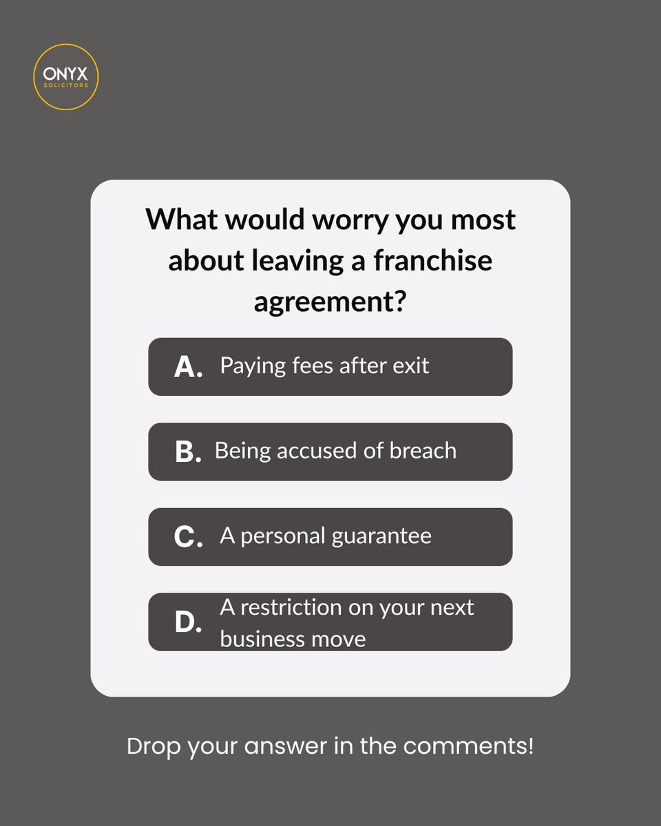 SolicitorsOnyx's tweet image. Many franchise owners focus on getting out quickly.

The bigger issue is often what follows after the exit.

Vote below, then message us if you want us to explain the legal risk behind each option.

#Poll #FranchiseBusiness #BusinessOwner #CommercialLaw #OnyxSolicitors