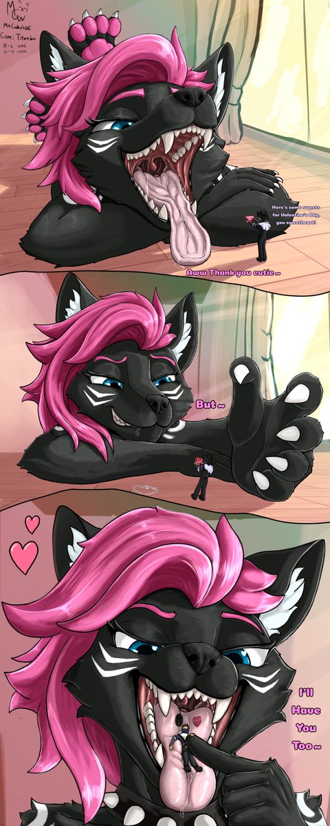 This year's valentine, Titan planned to give sweets for his beautiful macro wolf friend, Zeta, though she has other idea >;3 
furaffinity.net/user/titansaw0… 
furaffinity.net/user/zetanommy/ 
Commissioned by Titan!