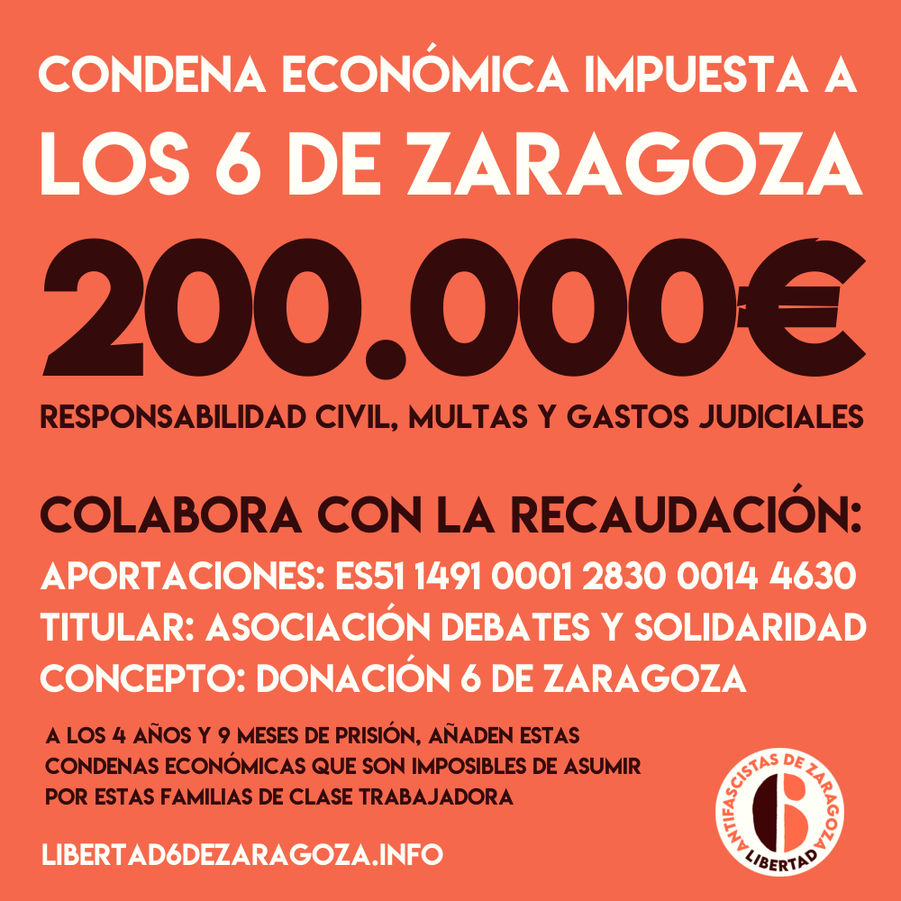 Libertad6Zgz's tweet photo. Seguimos recopilando donaciones para hacer frente a la astronómica condena impuesta a estos jóvenes.
+ información: https://t.co/0VB3BHWRfg https://t.co/3jZasRuOUq