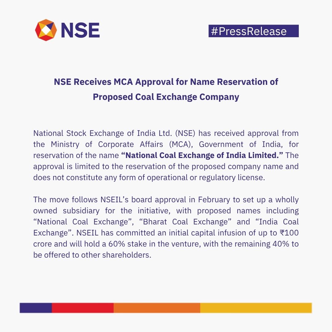 NSEIndia's tweet image. Press Release: NSE Receives MCA Approval for Name Reservation of Proposed Coal Exchange Company.

Click here to read: nsearchives.nseindia.com/web/pressrelea…

#NSE #NSEIndia #PressRelease #CoalExchangeCompany #Approval #NameReservation @ashishchauhan