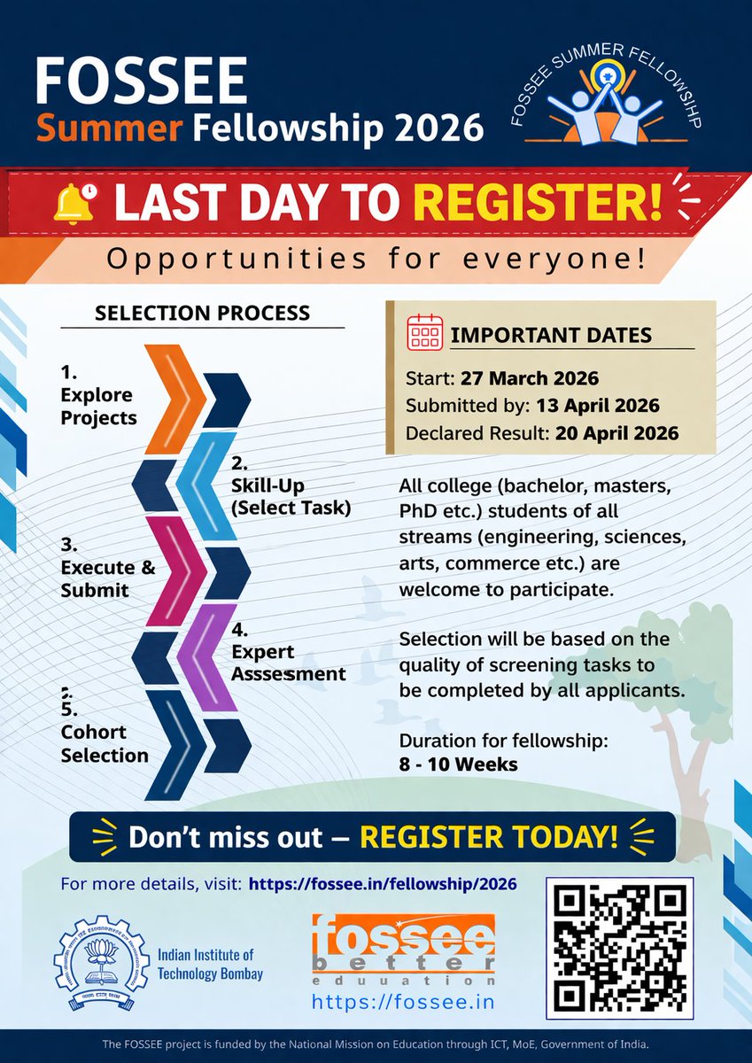 FOSSEE's tweet photo. 🚨 Last Day to Apply!

FOSSEE Summer Fellowship 2026 by IIT Bombay is closing today.

🎓 Open to all streams
💼 Boost jobs &amp; internships
🚀 8–10 weeks learning experience

🔗 https://t.co/jPHw10Ww5y

#FOSSEE #IITBombay #Internship #SummerFellowship #Students #OpenSource https://t.co/s87ch8XzKt