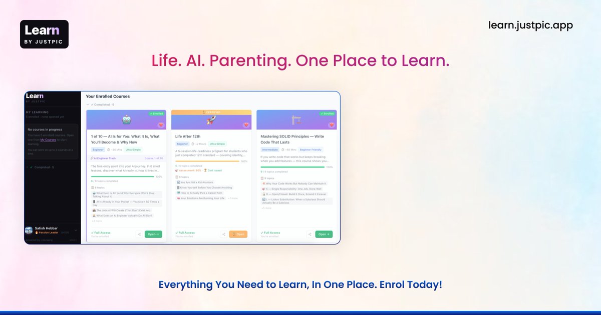 JustPicNetwork's tweet image. Whether it’s Life, AI, or hashtag#Parenting - learning never really stops.

The hashtag#future of learning isn’t just professional, It’s personal.

What’s one area you’re actively trying to learn right now?
learn.justpic.app

#LearnByJustPic #Elearning #EdTech #Growth