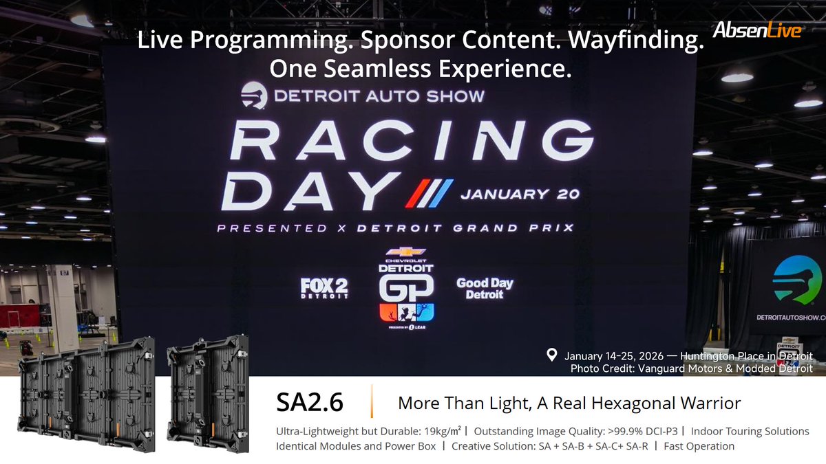 LEDAbsen's tweet image. 📍 Detroit Auto Show 2026 – One floor. One visual anchor.

At this year's show, Premier Creative Group turned a complex exhibition space into a connected experience — powered by a multi-sided LED centerpiece built with AbsenLive SA Series.

#AbsenLED #AbsenLive #LEDDisplay