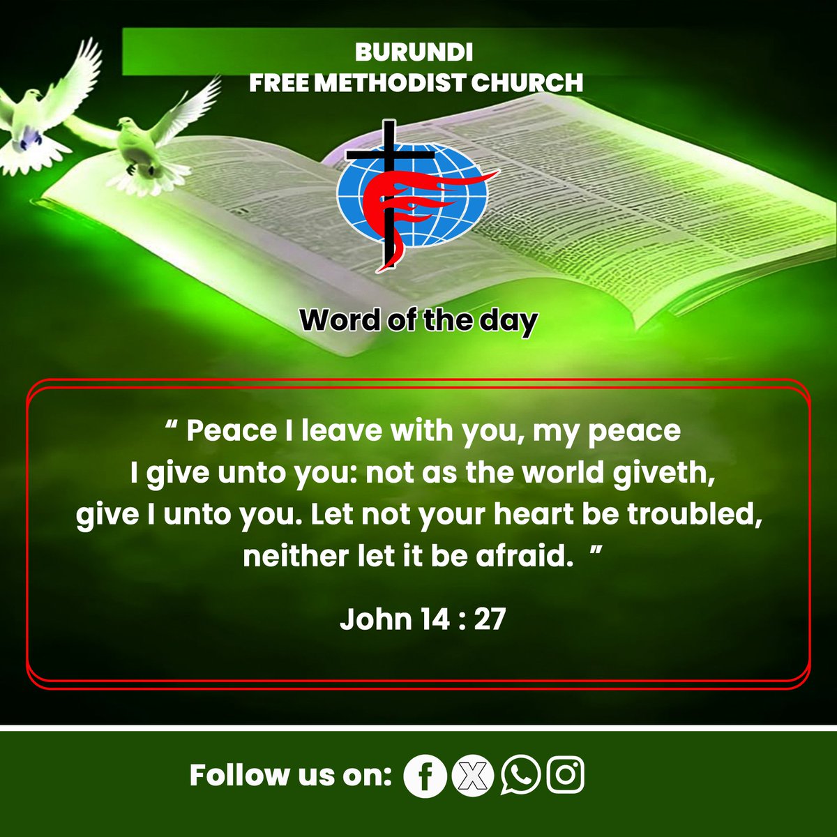 EMLBurundi's tweet photo. 1/2
📖John 14:27
📝Those who #believe in #Christ do not based their peace on favorable circumstances or on the well-being of their possessions or loved ones.
#freemethodistchurch #FreeMethodist https://t.co/d5M7j4vNL3