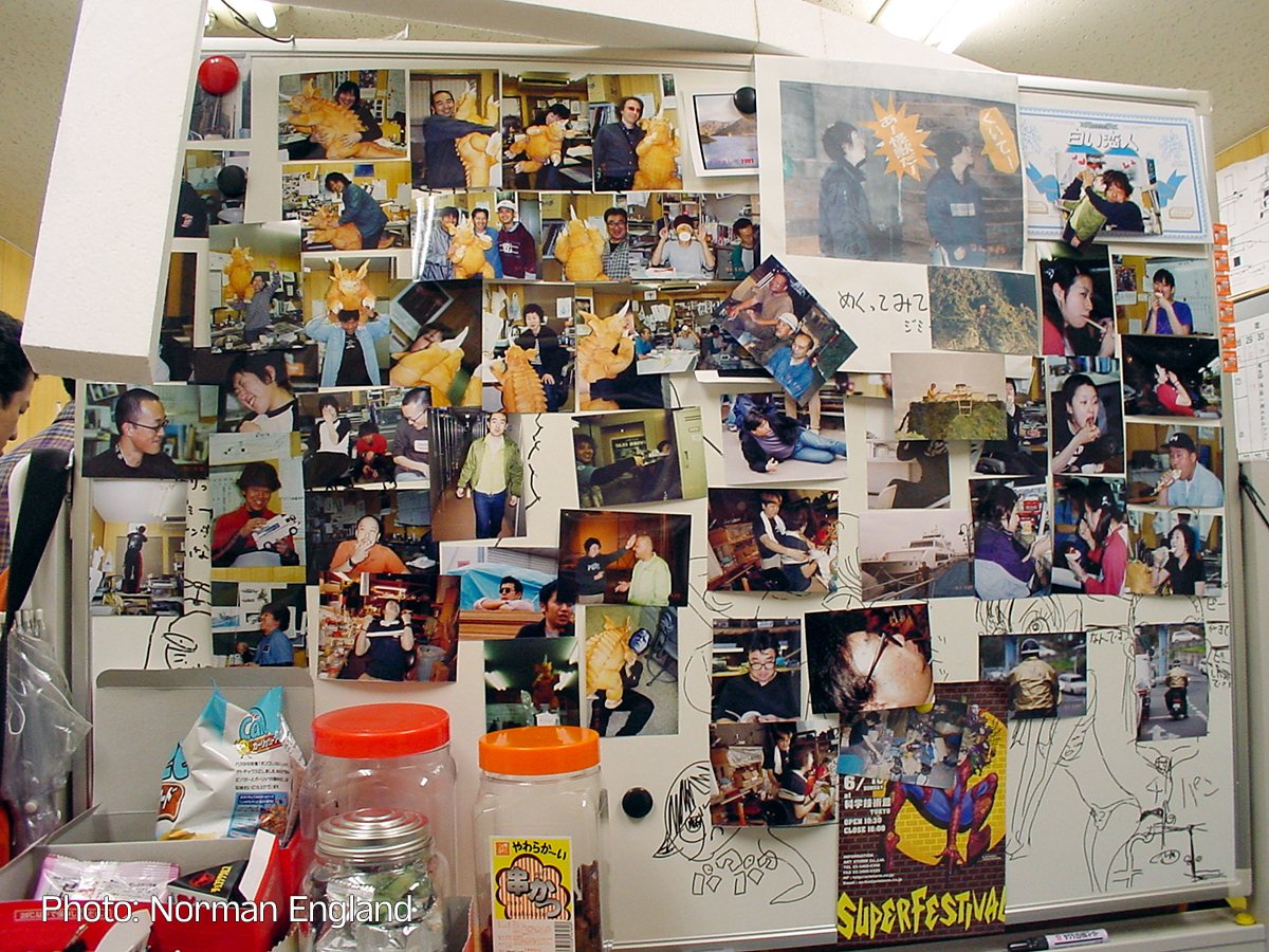normancengland's tweet photo. At the time, I had no clue what the designs they were working on meant, as I didn't get the script until the 4/20 revision. I did get a photo with the foam Baragon that day, which I retrieved from the production room's "big board" at the end of the GMK shoot. https://t.co/KQgd5d3GKD