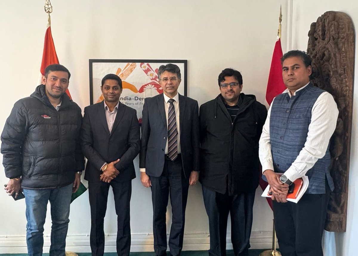 IndiainDenmark's tweet image. Amb @ManishPrabhat06  met the representatives of #PRISM,  the parent company of the Indian hospitality chain #OYO. The #PRISM team was led by Nehul Malhotra and Nikhil Borale who briefed Ambassador about their upcoming expansion plans in the Danish and European market and the
