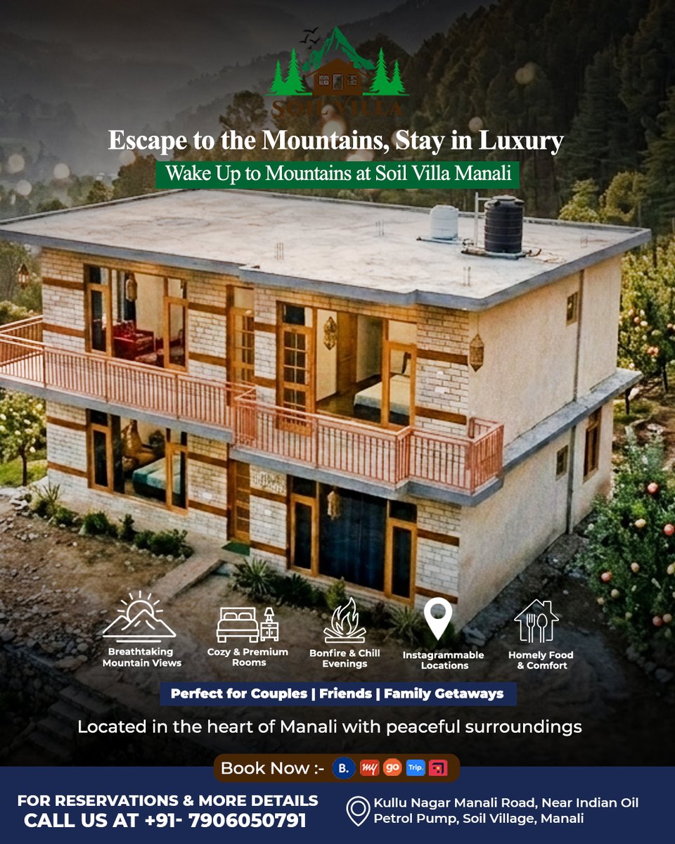 SoilVilla's tweet photo. Escape the chaos, embrace the calm 🌿✨
Wake up to stunning mountain views and unwind in pure luxury at Soil Villa Manali 🏔️💛

📍 Kullu Nagar, Manali
📞 +91-7906050791
#manalitrip #mountainstay #luxurystay #travelindia #weekendgetaway https://t.co/6MNCzFPgIZ