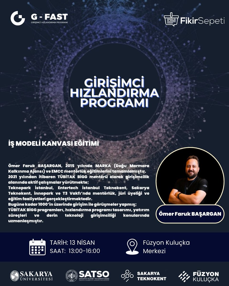 “Doğru planlama, güçlü iş modellerinin temelidir.”

13 Nisan Çarşamba günü, saat 13:00-16.00 arasında gerçekleştirilecek olan İş Modeli Kanvası Eğitimi, Ömer Faruk Başargan tarafından Füzyon Kuluçka Merkezinde düzenlenecektir.