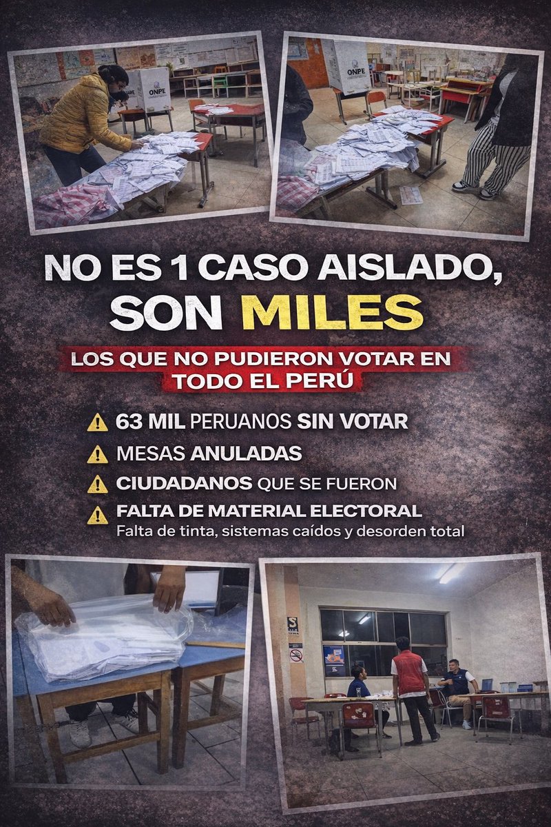 kceres's tweet photo. No es un solo caso. Son muchos.

Hoy vimos:
— 63 mil peruanos sin votar
— Mesas anuladas
— Falta de tinta y material
— Ciudadanos que se retiraron sin poder votar

Esto no puede normalizarse.
El país merece explicaciones claras. https://t.co/KDx4z4wGXv