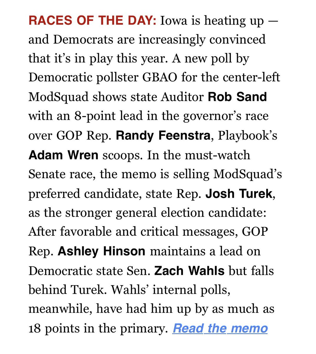 Scoop in <a href="/playbookdc/">POLITICO Playbook</a>: <a href="/RobSandIA/">Rob Sand</a> has an 8-point lead in the governor’s race over GOP Rep. <a href="/RepFeenstra/">Rep. Randy Feenstra</a>.

politico.com/newsletters/pl…