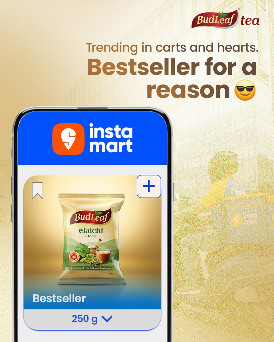 budleaftea's tweet photo. Instamart pe bhi trending aur dilo mein bhi.😌
BudLeaf Elaichi Tea now available on Instamart in Kolkata, Siliguri, Durgapur, Patna, Jamshedpur, Ranchi, Bhubaneshwar, and Cuttack.

#BudLeaf #Bestseller #ChaiLovers #ElaichiChai #Chai #Instamart #NowAvailable #OrderNow https://t.co/blaM9KRYn6