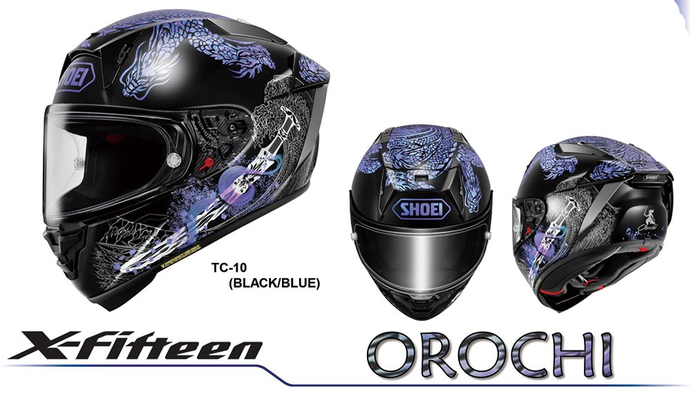 RicoKanazawa's tweet image. 【X-Fifteen OROCHI（オロチ）】

価格：95,700円（税込価格）
日本神話のヤマタノオロチをデザインした和風なグラフィックです。

■規格：JIS規格、FIM規格、MFJ公認
■サイズ：XS、S、M、L、XL、XXL
■カラー：TC-10 (BLACK/BLUE)
■2026年6月発売予定

#SHOEI #ヘルメット #