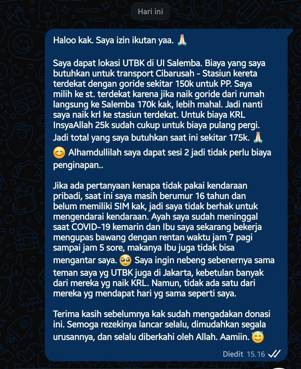 charmiestie's tweet photo. @eLAmaravati Kakakk, izin ikutan yaa.
Nama: Kanaya
Univ: ITB &amp; UNNES
Domisili: Cibarusah - Salemba
Biaya: 175k 
Aku sertakan penjelasan dan bukti biaya di bawah ya kak. Terima kasih! https://t.co/Fd3B1jxfyp
