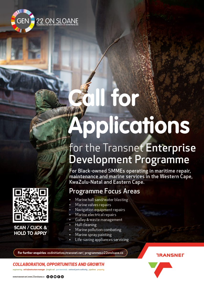 follow_transnet's tweet photo. [Re-advertisement] Transnet invites Black-owned Small, Medium, and Micro Enterprises (SMMEs) to take advantage of a suite of development programmes designed to strengthen capability, unlock market access, and drive long-term business sustainability.

Whether your business operates in supply chain, maritime services, manufacturing, engineering, or quality management, these programmes are tailored to support your growth journey, from improving operational efficiency and technical expertise to enhancing export readiness and achieving internationally recognised certifications.
