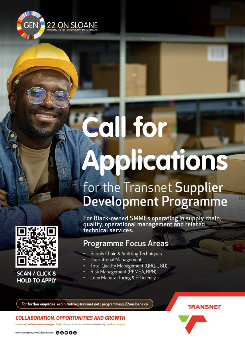 follow_transnet's tweet photo. [Re-advertisement] Transnet invites Black-owned Small, Medium, and Micro Enterprises (SMMEs) to take advantage of a suite of development programmes designed to strengthen capability, unlock market access, and drive long-term business sustainability.

Whether your business operates in supply chain, maritime services, manufacturing, engineering, or quality management, these programmes are tailored to support your growth journey, from improving operational efficiency and technical expertise to enhancing export readiness and achieving internationally recognised certifications.