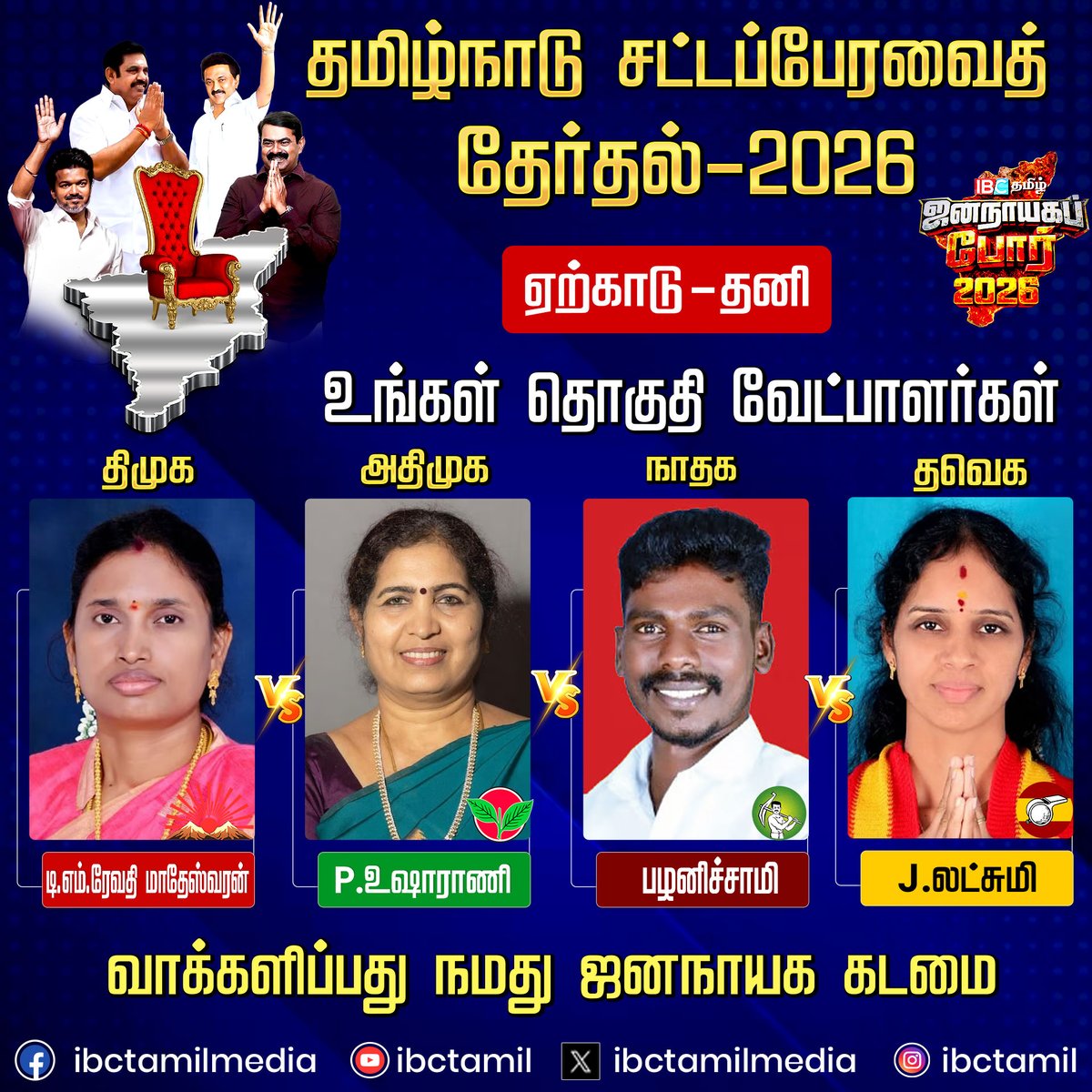 ibctamilmedia's tweet image. ஏற்காடு தொகுதி வேட்பாளர்கள்  | Election 2026 | DMK | ADMK | TVK | NTK | IBC Tamil

#Yercaud #election2026 #candidate #ibctamil