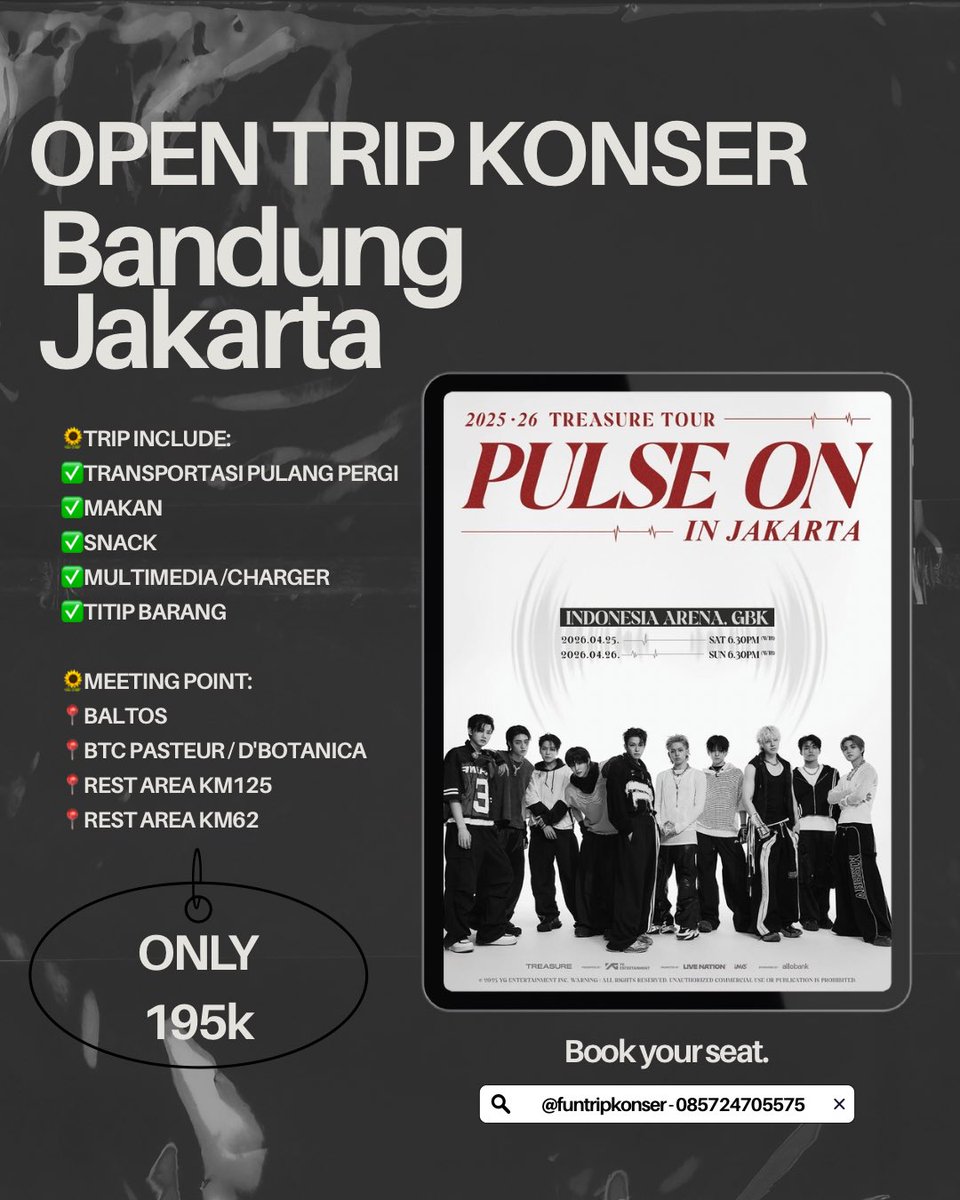 funtripkonser's tweet photo. Opentrip konser TREASURE 
PULSE ON in jakarta

Bandung - Jakrta indo arena
hayu yang mau berangkat bareng dari Bandung 
Trip include :
Transportasi pp
Makan
Snack

#treasure #treasurepulseonjakarta
#treasurejakarta https://t.co/U6sZ4zmWta