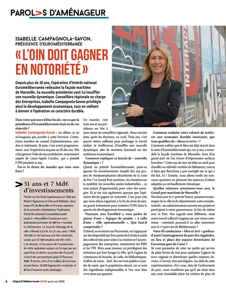 Objectifmed's tweet photo. Isabelle Campagnola-Savon, présidente d’Euroméditerranée :
« L’OIN doit gagner en notoriété »

Entretien publié dans le magazine
#ObjectifMéditerranée n° 240 https://t.co/YuvYoJp9oP