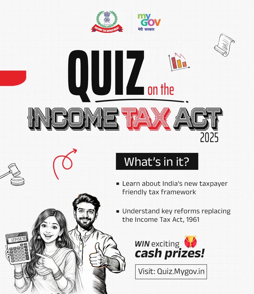 CBCJammuKashmir's tweet image. Explore India’s Landscape Of Tax! 
Stay informed about key policy changes &amp;amp; deepen your awareness of taxation in India.
Take part in @mygovindia  Quiz on the Income Tax Act &amp;amp; engage with important updates in an interactive way.
Visit: quiz.mygov.in/quiz/quiz-on-t… #NewIndia #IncomeTax