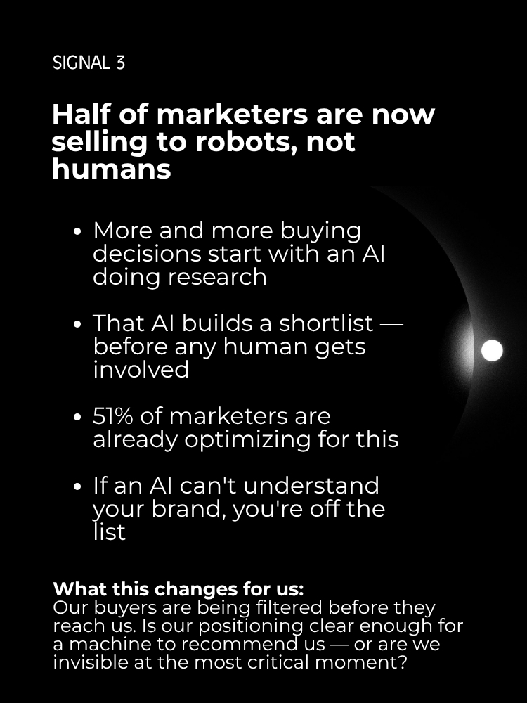 marionzoe_p's tweet image. Signal 3🛰 Half of marketers are now selling to machines.
Your next #customer's shortlist was built by an algorithm before any human got involved.
51% of marketers are already optimizing for this.
Are you on the list — or invisible at the most critical moment?