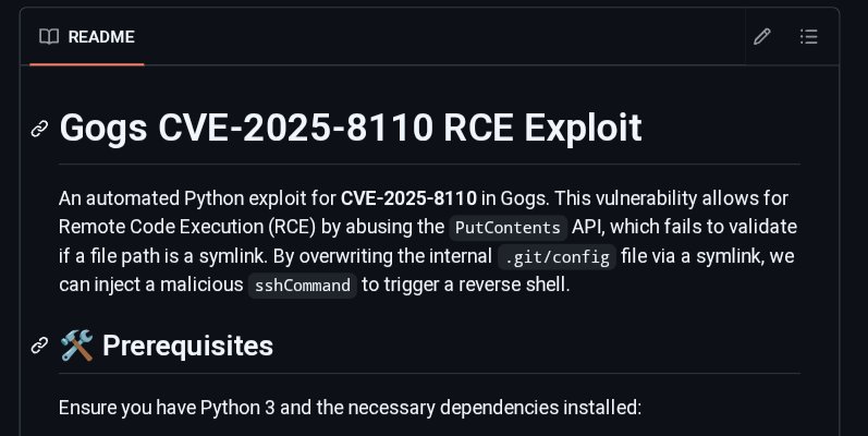 Sadishyt's tweet photo. CVE-2025-8110-Gogs-RCE-Exploit #exploit
Gogs CVE-2025-8110 RCE Exploit

https://t.co/trJlK6v8P6 https://t.co/V7t1fo69rc