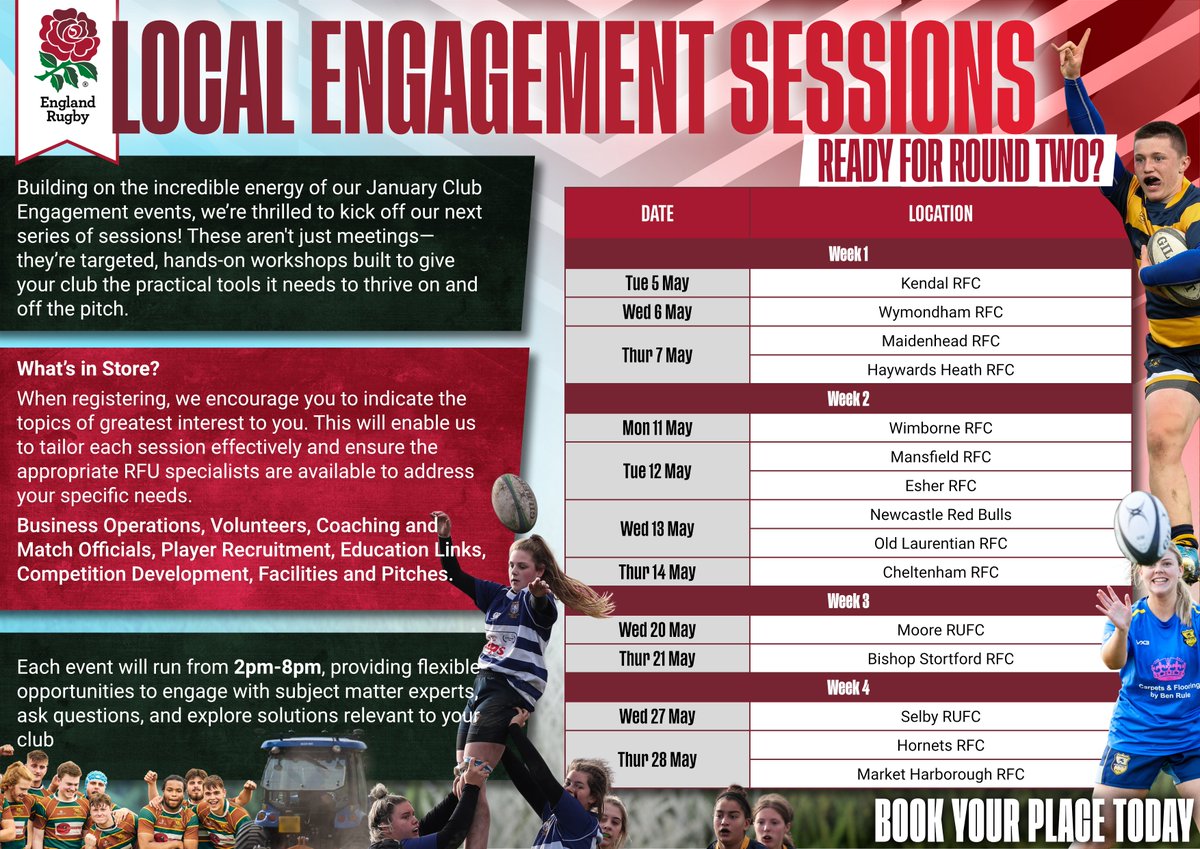 RFUFacilities's tweet image. Ready for Round Two? 🏉
Following our January success, we’re back with hands-on Club Engagement Workshops! Get the tools your club needs to thrive. 📈
Tailor your session &amp;amp; register here:
🔗 app.smartsheet.com/b/form/019c707… 

#Rugby #GrassrootsRugby #RFU