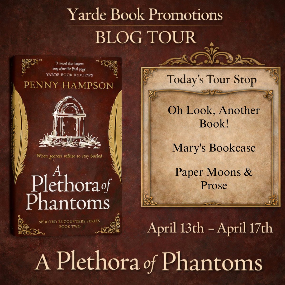 maryanneyarde's tweet image. 📚 The tour has begun!

We’re so excited to kick off the A Plethora of Phantoms tour by Penny Hampson—and what a start… THREE five-star reviews already! ⭐⭐⭐⭐⭐

Discover what readers are loving:
 maryanneyarde.blogspot.com/2026/02/blog-t…

#BookSky #BookTour  #ParanormalMystery @penny_hampson