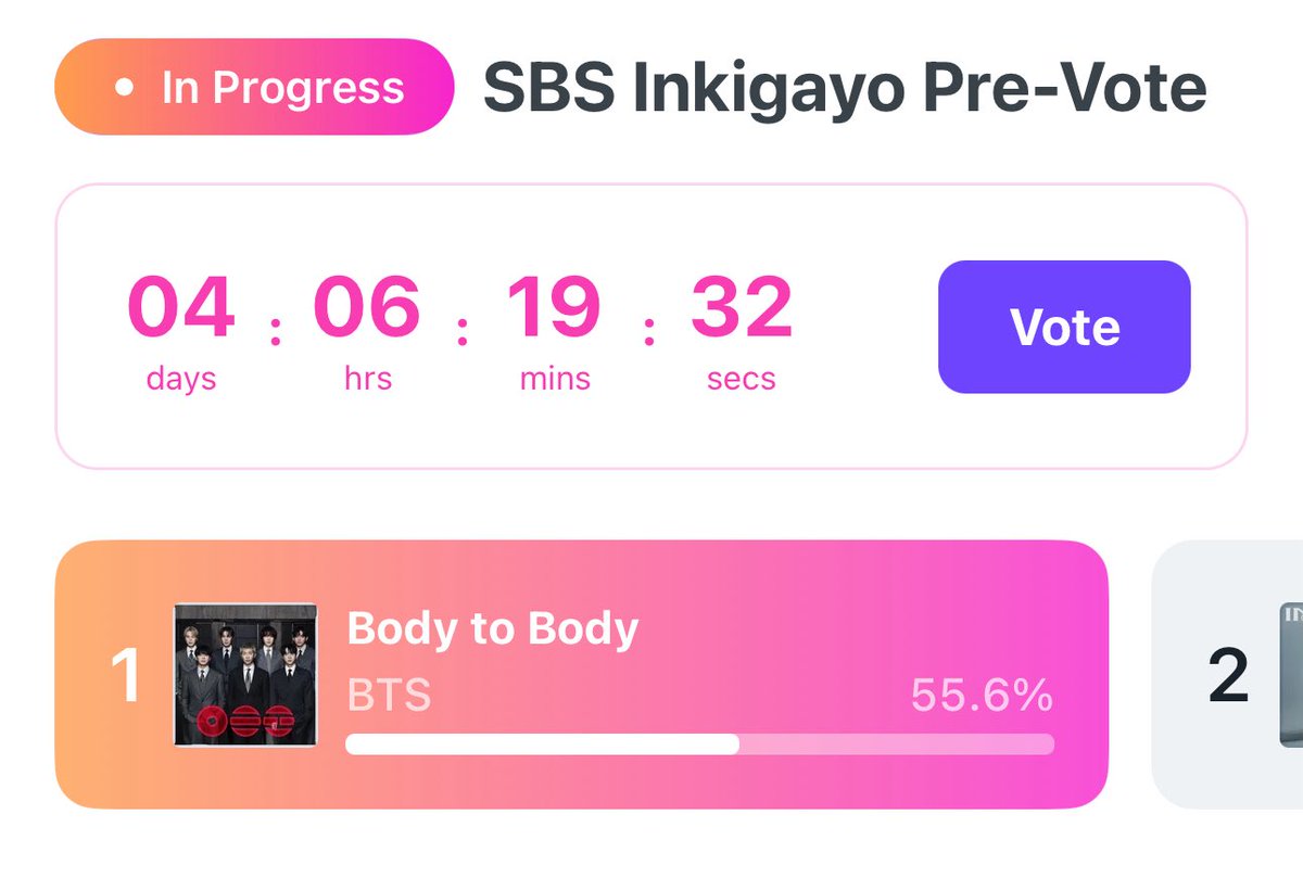 [🏆 Inkigayo]

🛑 Pre-Voting is now ongoing! Vote for Body to Body!

⇢ until Apr 17
⇢ Score: 500pts
⇢ 1 vote = 30 fan points; 10 votes per account
🗳️app.linc.fan/31TL/01KNV8WVP…
