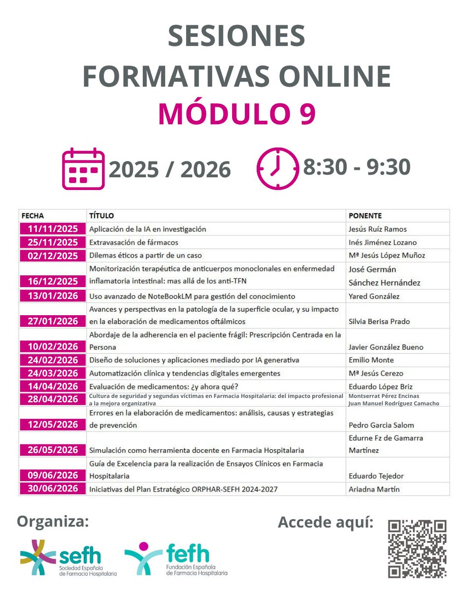 sefh_'s tweet photo. 📢🎓Mañana martes 14 de abril a las 8:30h... os esperamos en las Sesiones Formativas Online - Módulo 9

10ª sesión: 🗓 Evaluación de medicamentos: ¿y ahora qué? - Eduardo López Briz @lopez_briz @GENESIS_SEFH 

💻Accede con las claves de socio/a SEFH: https://t.co/MPIYgQ7iSJ https://t.co/QVcUhsfqlS