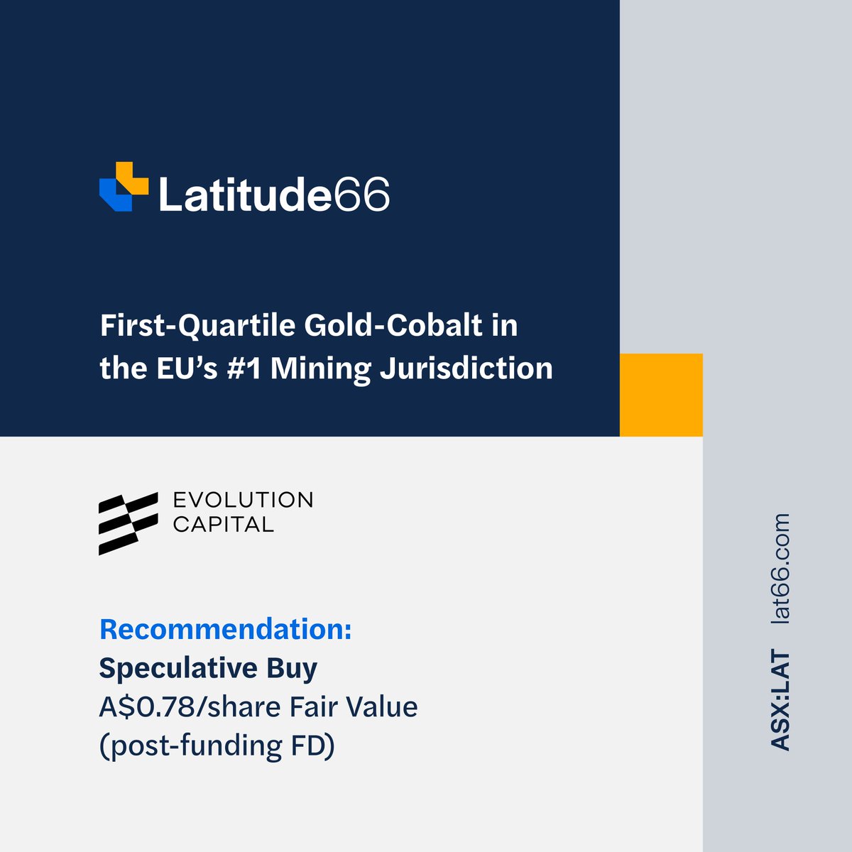 Evolution Capital prepared an initiation report on $LAT.AX with a Spec Buy rec &amp; a 12-mth target of A$0.47/sh.

"#LAT offers leveraged exposure to a high-grade, first-quartile-cost #gold #cobalt development in the EU’s #1 ranked mining jurisdiction"

Read: loom.ly/rrHSVok