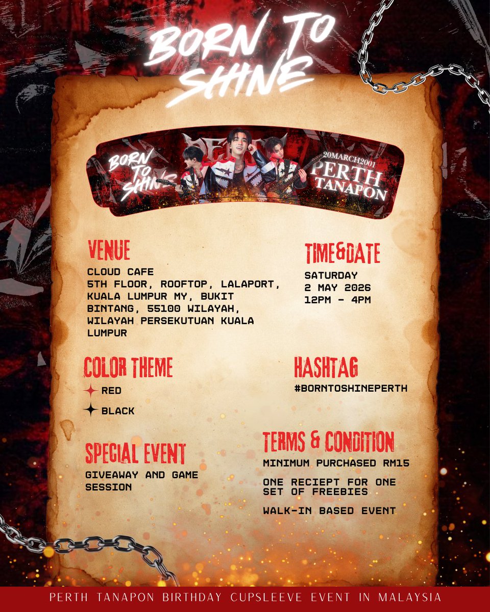 🔥 BORN TO SHINE  PERTH 🔥

Poster’s out. Details locked.
Let’s make noise. 🎸✨
Check out the full details on the poster!

📍 Cloud Cafe 
🗓️ 2nd MAY 2026 ( SAT) 
🕒 12pm-4pm

#perthtanapon #BornToShinePerth #KDPPE #PERTHPPE #cupsleeve
