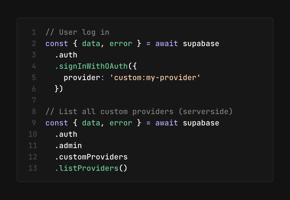 kiwicopple's tweet photo. We just released Custom OIDC Providers for @supabase

Supabase Auth already supports ~20 providers. Now you don’t need to ask us for more -

you can enable your own and your users can login using the same code as built-in providers: https://t.co/AeXnVIK1NJ