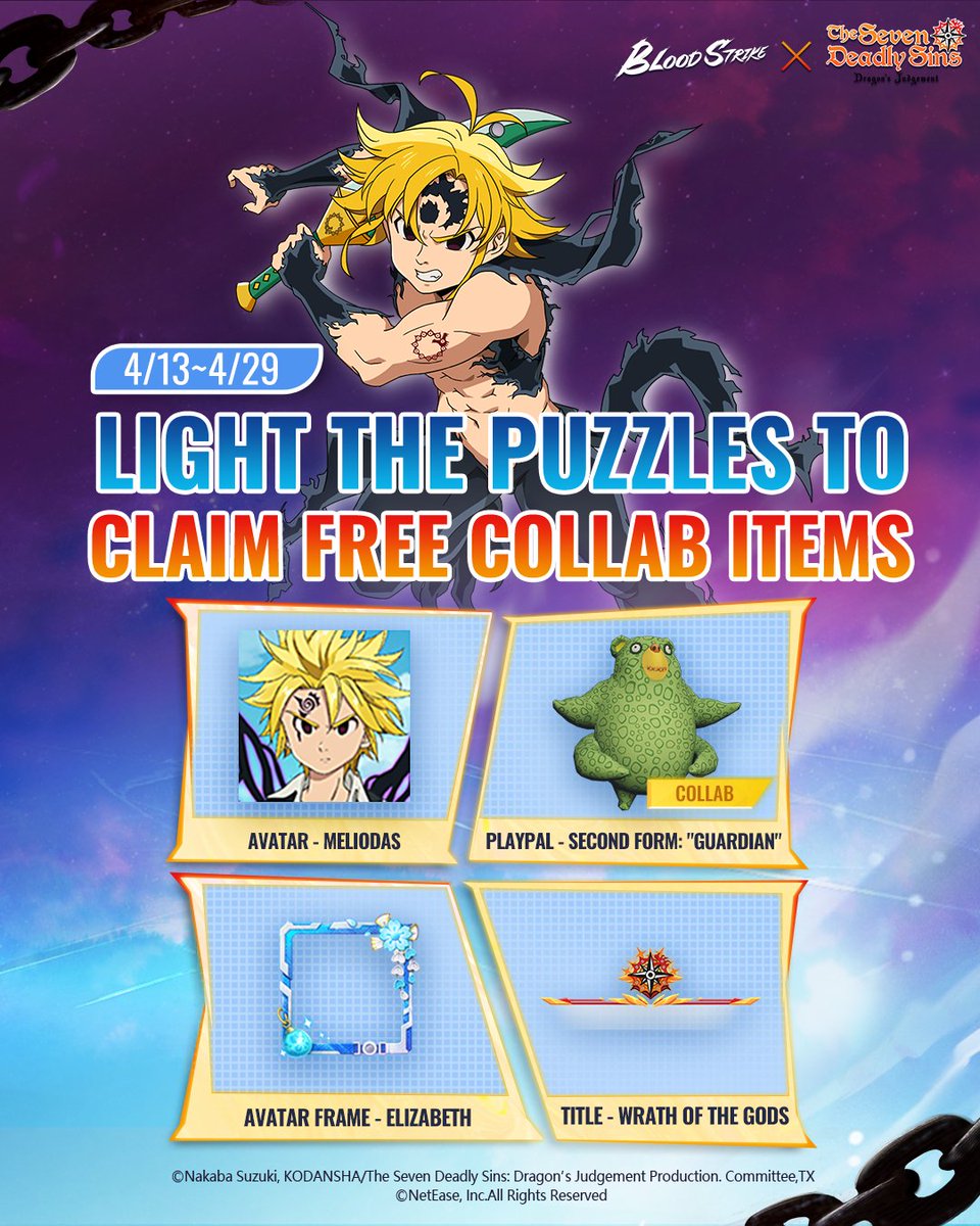bloodstrike_EN's tweet image. 4/13 - 4/29 Light the puzzles to earn up to 4 collab items!

#BloodStrike #BS #7DS #TheSevenDeadlySins